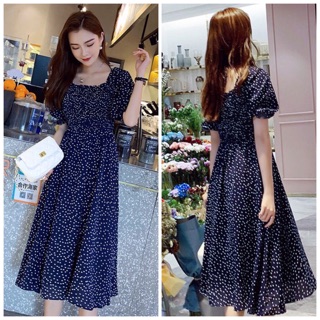 Đầm bi xanh rối cổ U