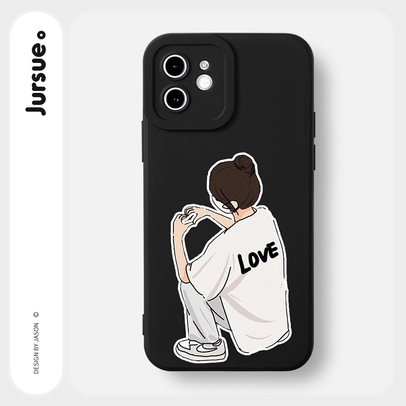 Ốp lưng JURSUE hoạt hình cặp đôi dễ thương đẹp đen Cho iPhone 14 13 12 11 Pro Max SE 2020 X XR XS 8 7 ip 6S 6 Plus Y2261