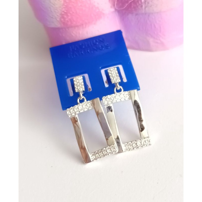 Bông tai bạc hình chữ nhật đính đá pha lê trắng bảo hành vĩnh viễn