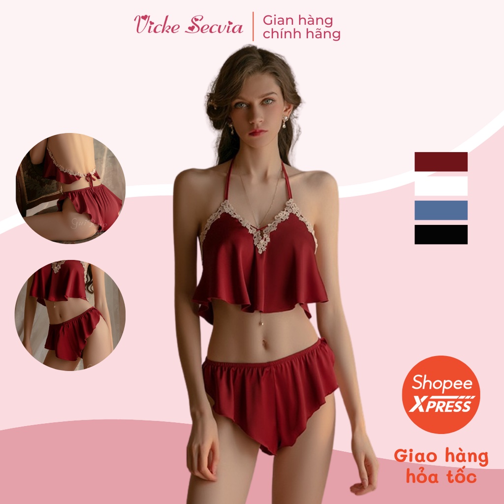 Bộ đồ ngủ VICKE SECVIA chất lụa phối ren cao cấp, phong cách sexy quyến rũ 705