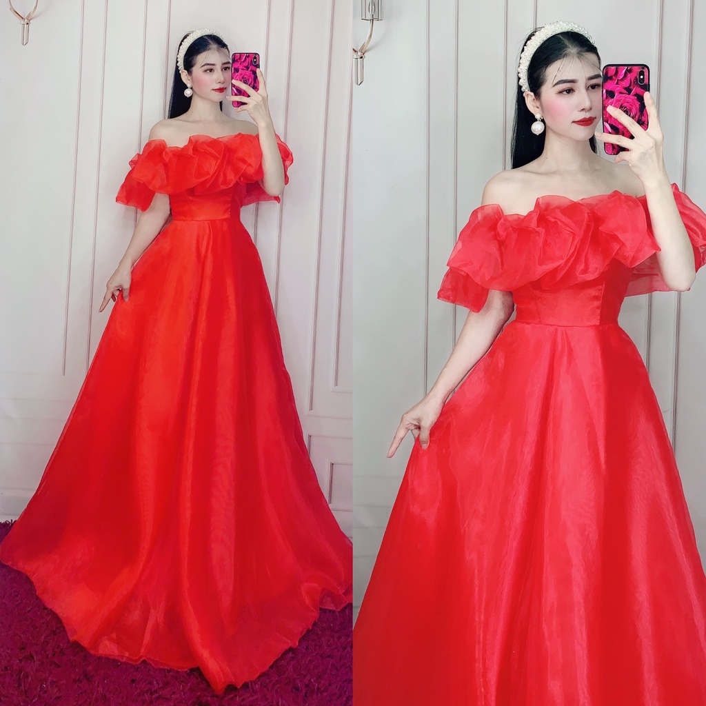 Đầm maxi voan kính nhún bèo bẹt vai TRIPBLE T DRESS - MS334V -size M/L