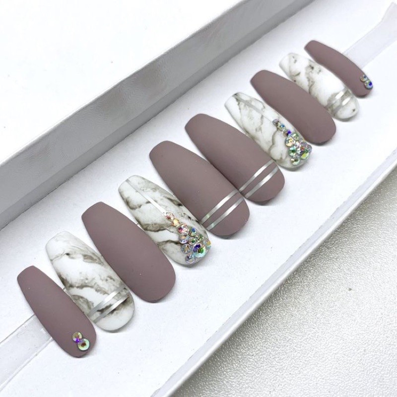 nailbox acrylic false nails marble white móng úp thiết kế inbox Chọn shape &amp; size đầy đủ phụ kiện CÓ NOW SHIP