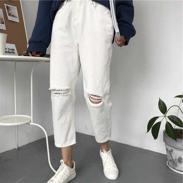 (sẵn ĐEN S) quần kaki cạp khóa ống suông rách gối hai màu đen trắng - KK02 | BigBuy360 - bigbuy360.vn