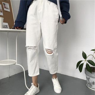Quần baggy rách gối 2 màu đen trắng Hàn quốc có size