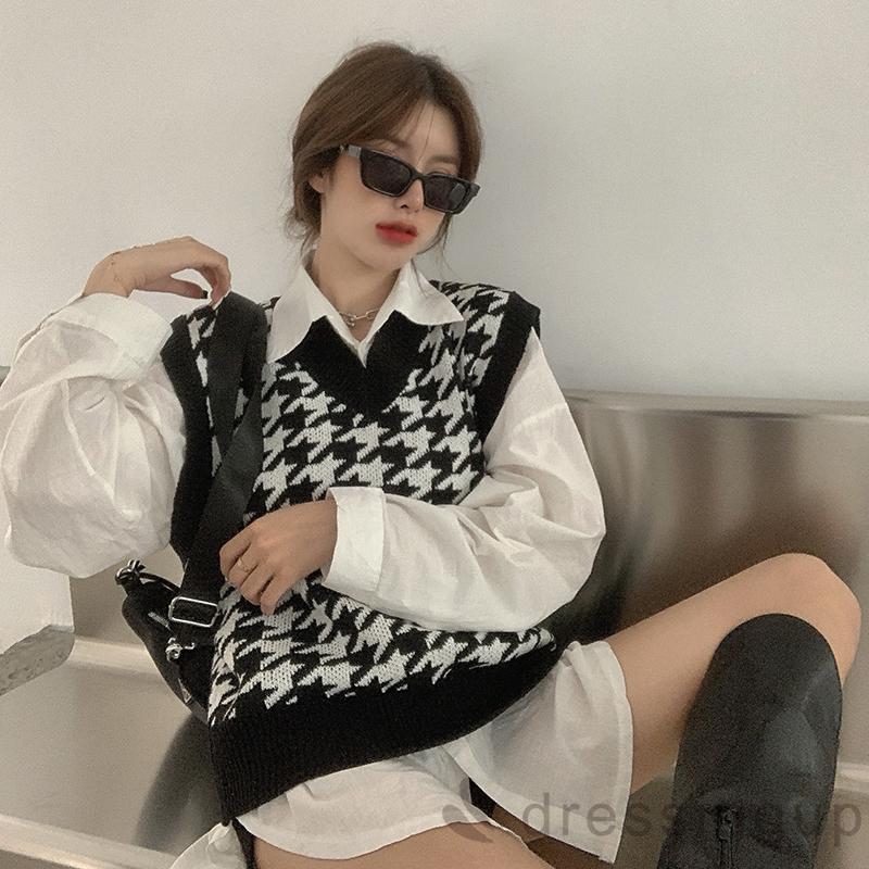 Áo Len Không Tay Dáng Rộng Cổ Chữ V In Họa Tiết Độc Đáo Cho Nữ