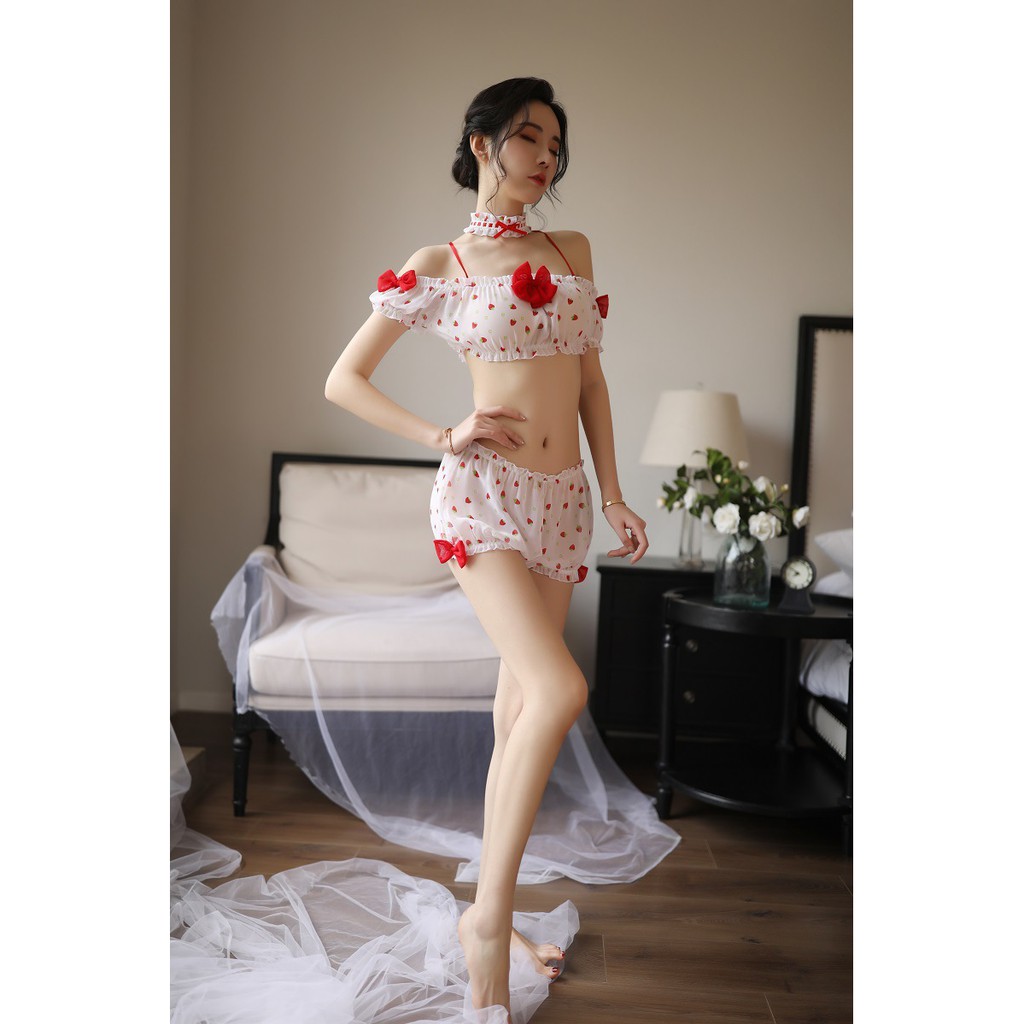 Bộ Đồ ngủ gợi cảm sexy cosplay nhún bèo dâu tây