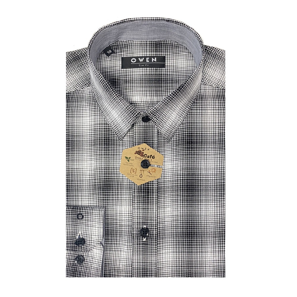 Áo Sơ Mi Nam Dài Tay Owen AS23354D Somi Công Sở Cao Cấp Màu Sọc Caro Loang Trắng Đen Dáng Ôm Không Túi Chất Café Mềm Mát