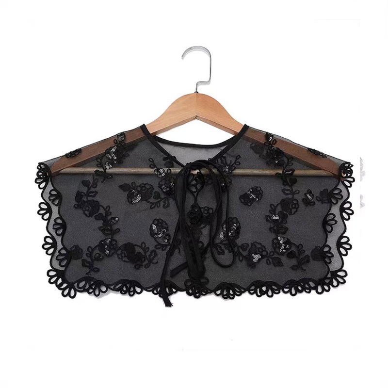 Khăn Choàng Cổ Thêu Hoa Đính Sequin Phối Dây Cột Nơ Có Thể Tháo Rời Cho Nữ