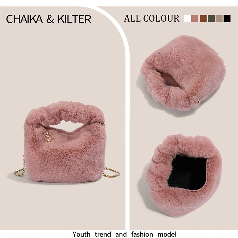 Chaika Kilter Túi Đeo Chéo Vai CK1351 Bằng Vải Lông Màu Trơn Phối Dây Xích Thời Trang Thu Đông Cho Nữ