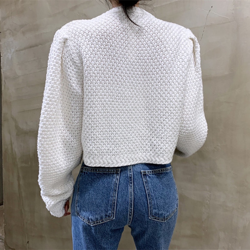 Áo khoác cardigan dệt kim cổ tròn tay phồng thiết kế hai túi có cài nút thời trang cho nữ | BigBuy360 - bigbuy360.vn