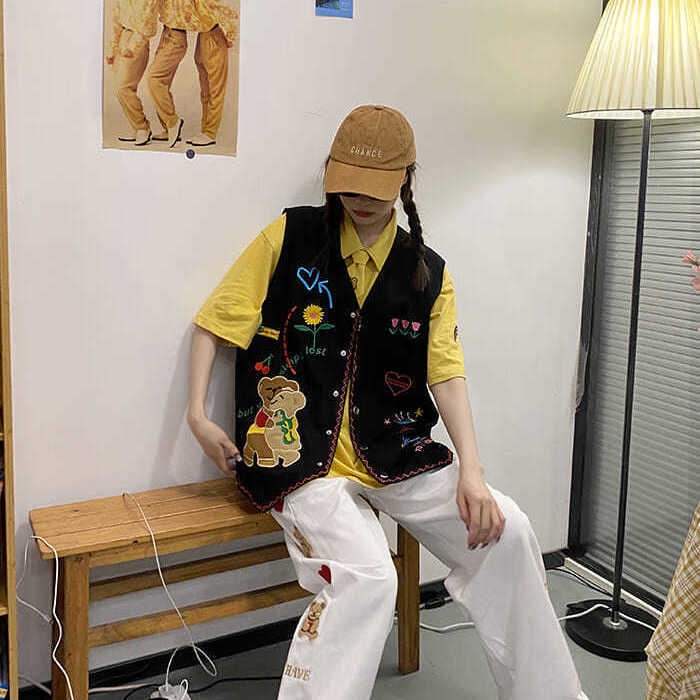 Áo Khoác Sát Nách Dáng Rộng Thêu Hình Gấu Và Hoa Phong Cách Hip Hop Thời Trang Cho Nữ | BigBuy360 - bigbuy360.vn