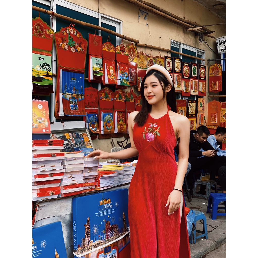 Áo dài yếm tết 2022 Chillgals ôm body co dãn chất liệu len Hàn cao cấp Màu Xanh mint/ Đỏ AD-031