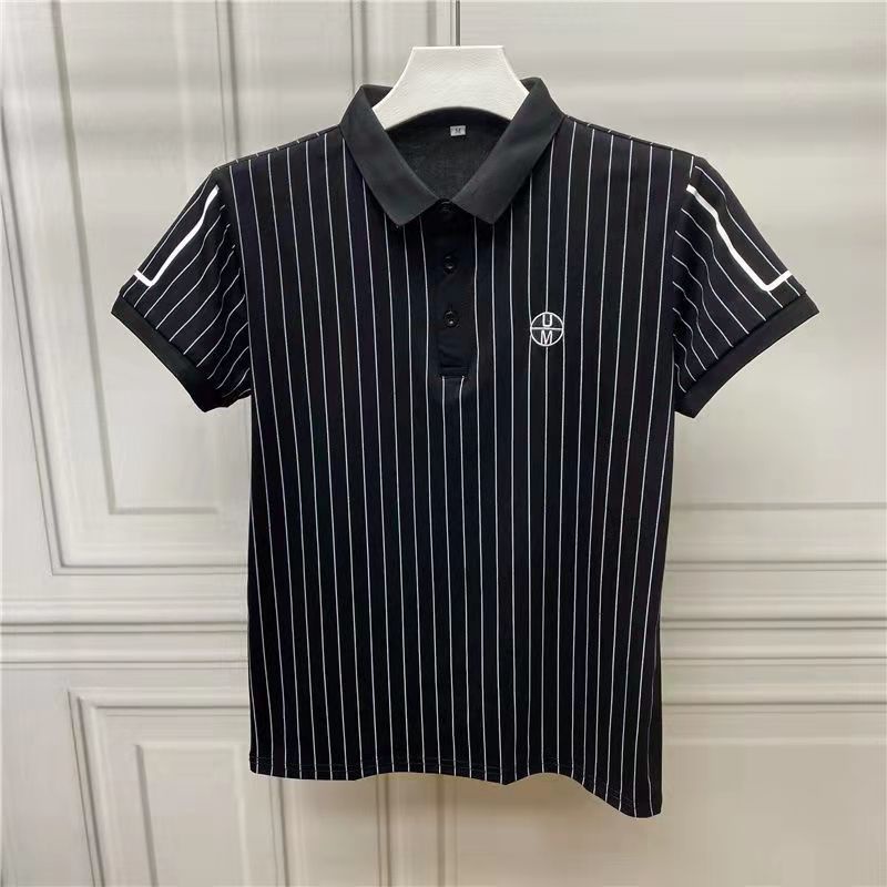 ADIDAS Áo Thun Nam Tay Ngắn Có Cổ Họa Tiết Sọc Ngang Thêu Thời Trang
