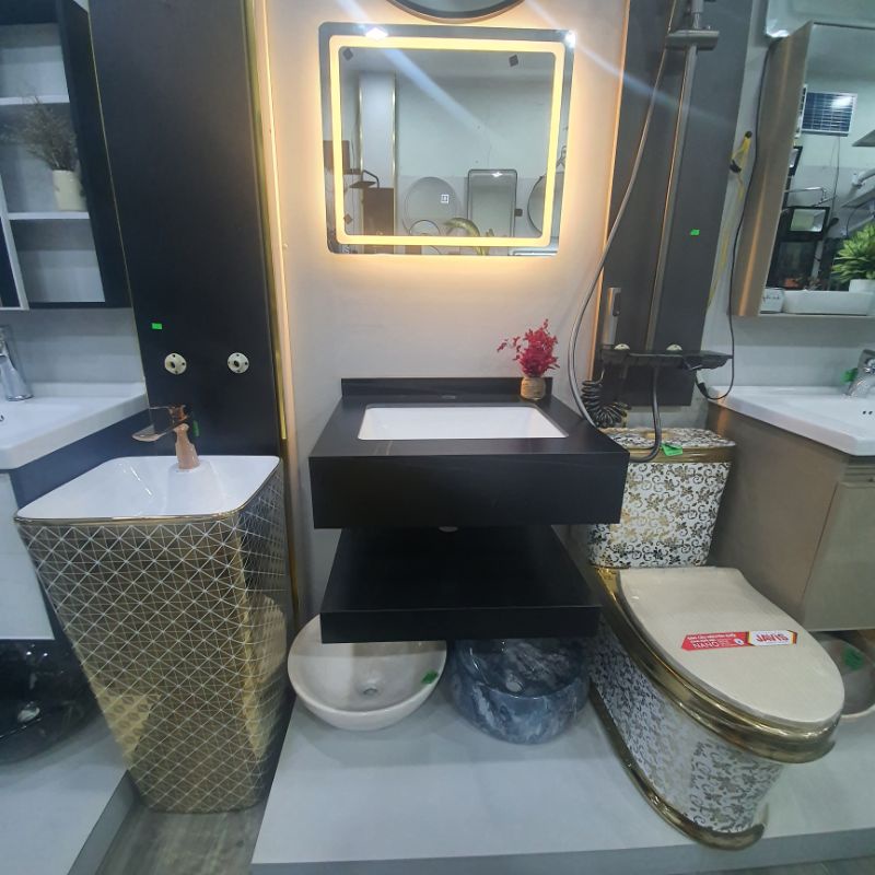 Bàn đá lavabo 2 tầng phòng tắm chống trầy, gương led 3 chế độ - LTJV25-60cm