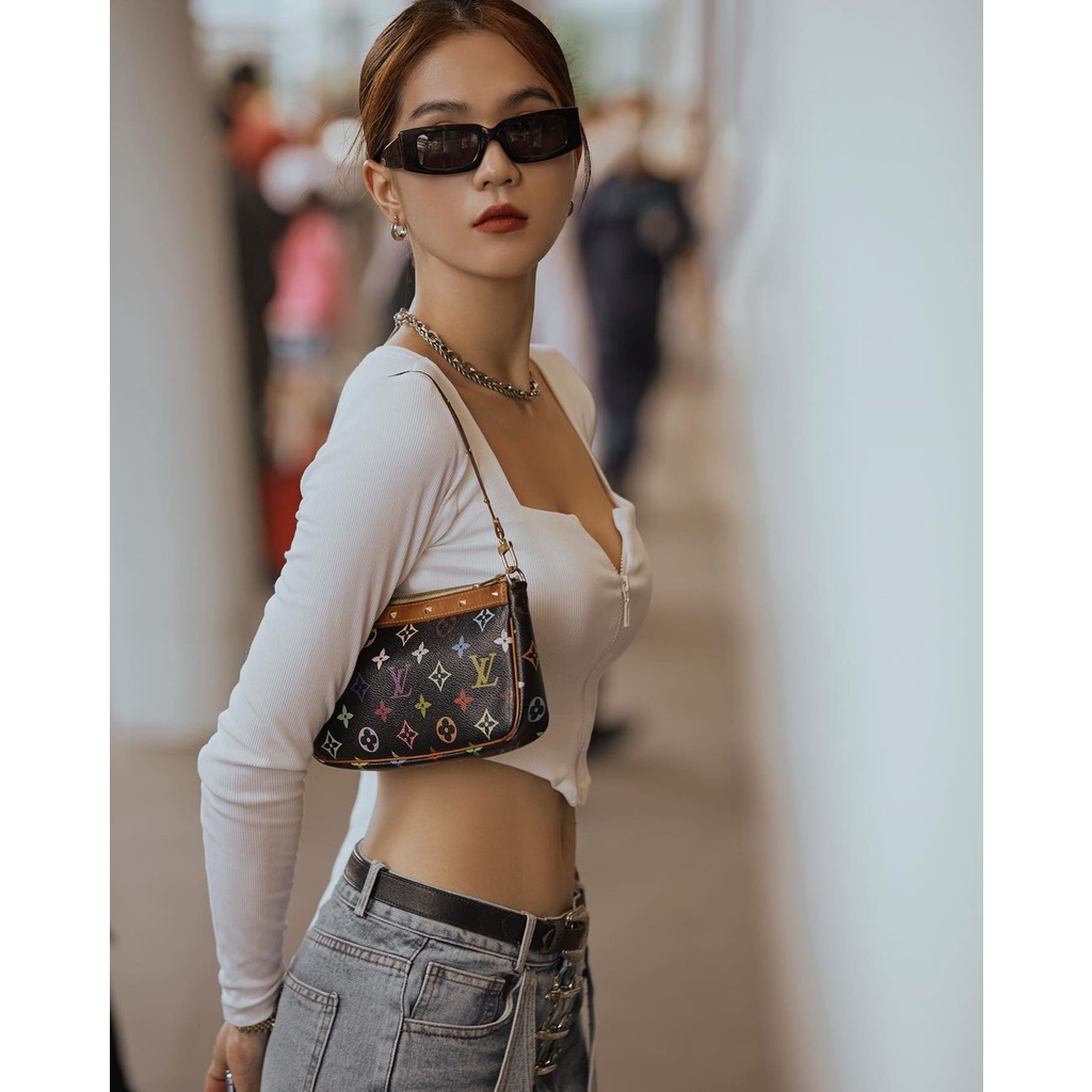 DUNEA Áo Thun Tay Dài Cổ Chữ V Phối Khóa Kéo Quyến Rũ Thời Trang Cho Nữ