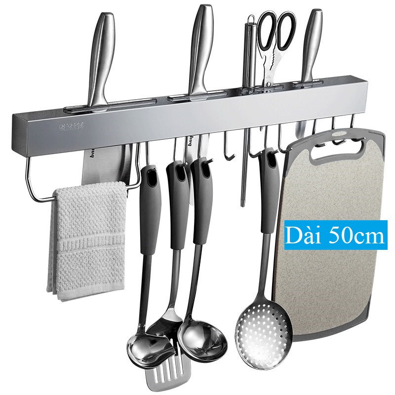 50cm - Kệ để dao, kéo, thớt, muỗm đa năng INOX SUS304 gắn tường gạch men - kèm vít và keo dán - Dài 50cm