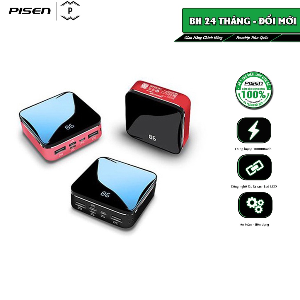 Sạc dự phòng Pisen Mini Mirror 10000mah,nhỏ gọn,vỏ hợp kim nhôm và kính cường lực,lắc để sạc-Hàng chính hãng,BH 18 táng
