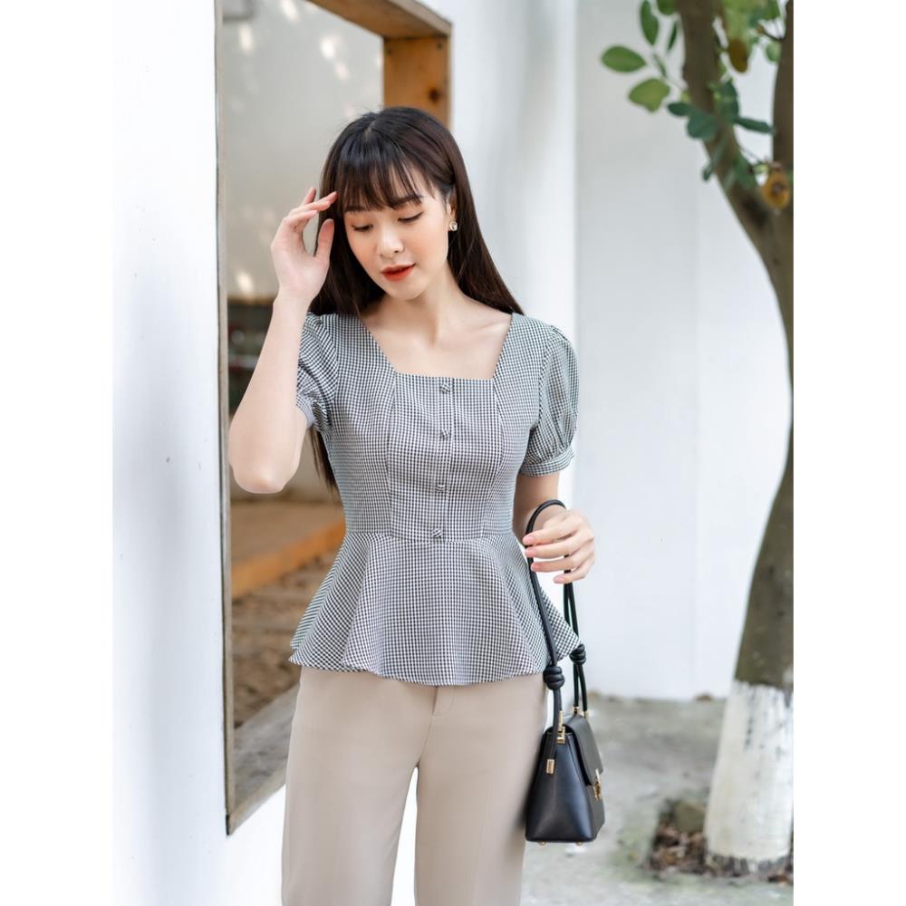 Áo sơ mi nữ YODY cổ vuông, áo peplum nữ tay phồng kẻ caro basic SCN5136 * '