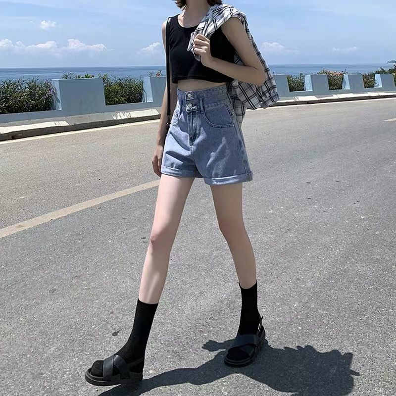 Quần Ngắn Vải Denim Lưng Cao Ống Rộng Thời Trang Dành Cho Nữ