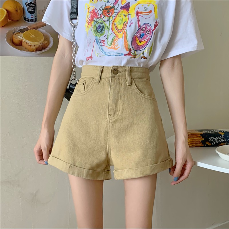  Xiaozhainv Quần Short Denim Nữ Lưng Cao Ống Rộng Phong Cách Hàn Quốc