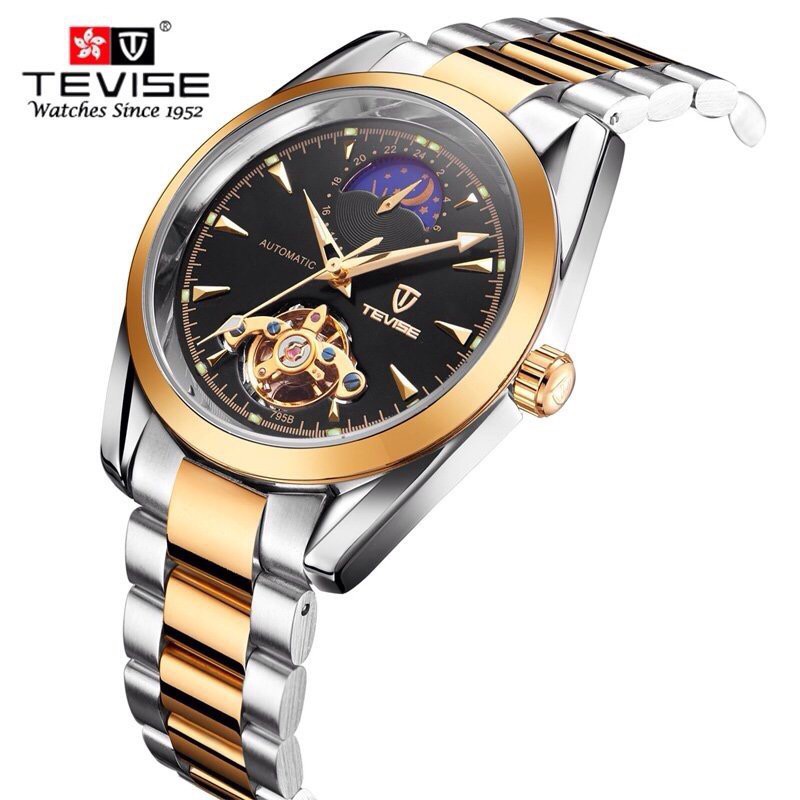 Đồng hồ nam Tevise chính hãng Dây inox đặc Mặt lộ máy cơ có Bảng hiển thị ngày đêm độc đáo + Tặng hộp đồng hồ