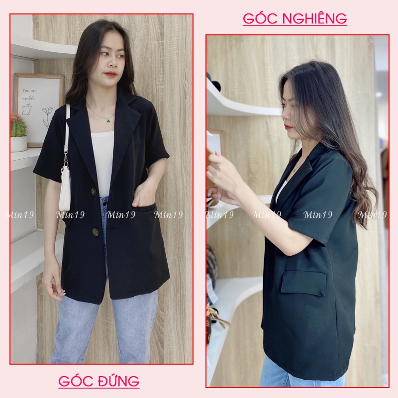 Áo Vest Nữ Blazer Công Sở Hàn Quốc 1 Lớp Tay Ngắn Form Rộng Túi Nắp Cá Tính Màu Trắng Đen Xanh Nâu