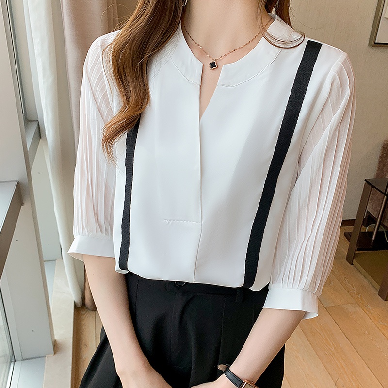 Korean Style Temperament Elegant Chiffon Office Shirt Women Summer Pleated 3/4 Sleeve Blouse White
