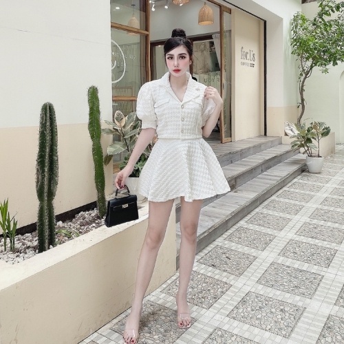Set áo cổ vest chân váy xòe ❤️ Set tiểu thư cúc ngọc sang chảnh kèm hình thật | BigBuy360 - bigbuy360.vn