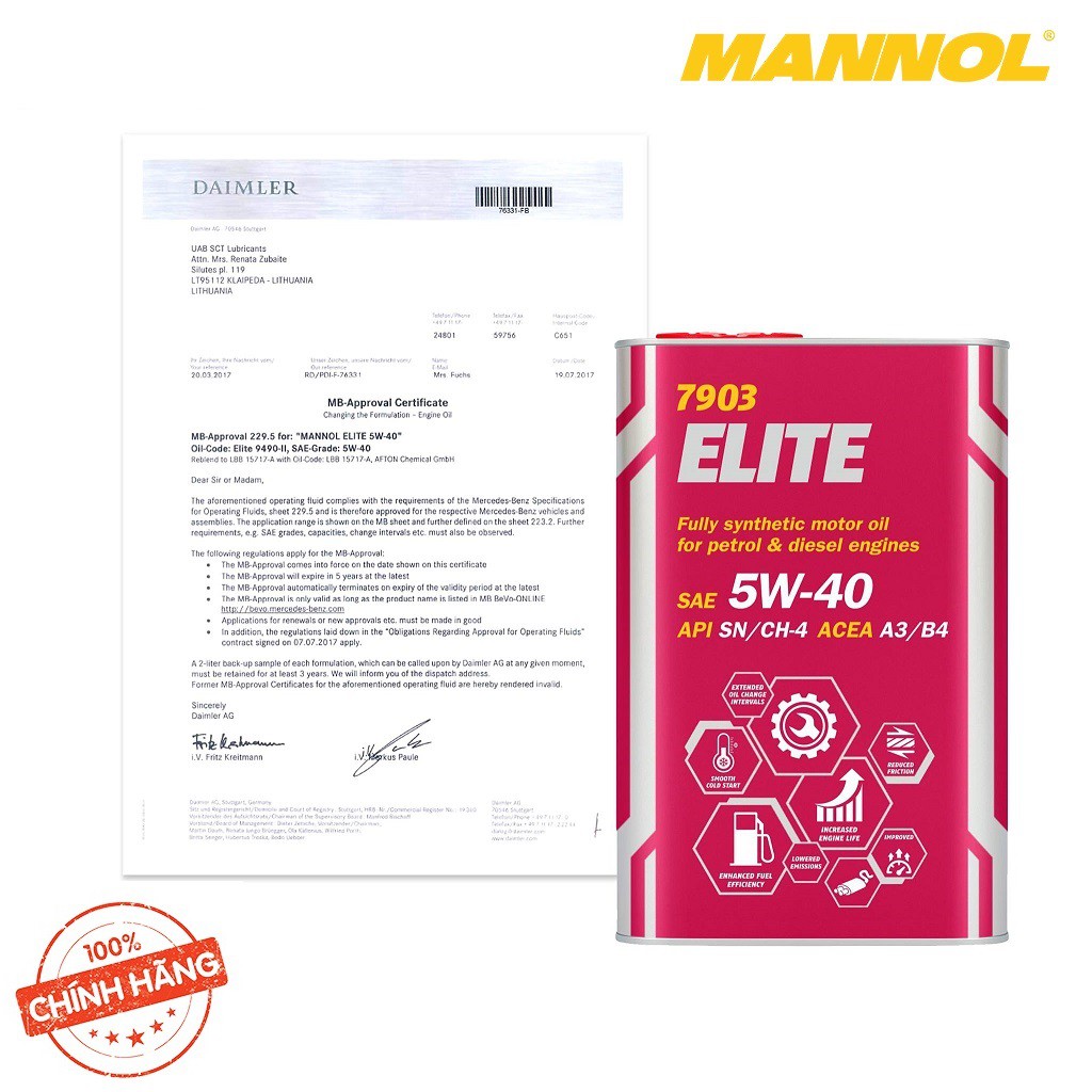 [PRO] Nhớt MANNOL 7903 Elite 5W-40 SN/CH-4 A3/B3 4Lít Tổng Hợp Toàn Phần Cao Cấp Chứa Ester Đa Năng Cải Tiến