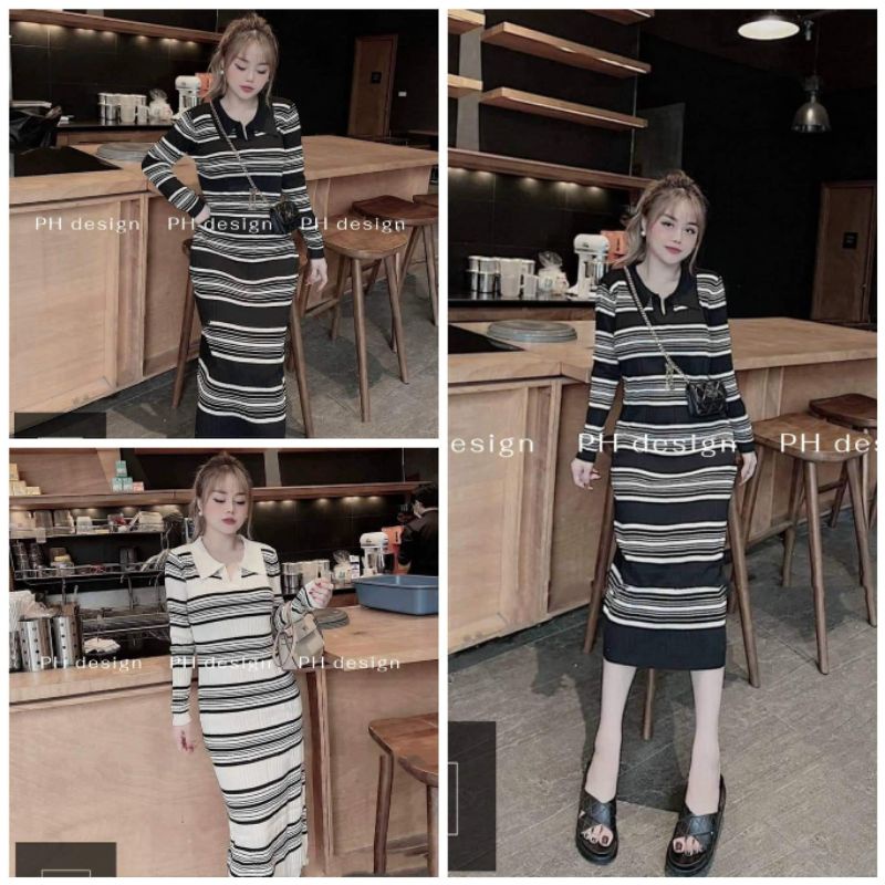 Váy len kẻ dài tay cổ bẻ hàng QCL1