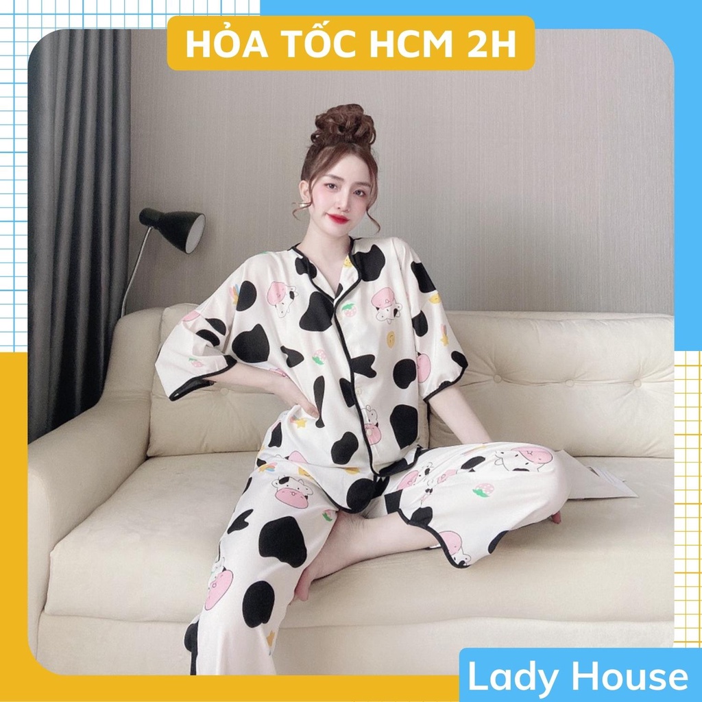 Bộ Ngủ MặC Nhà, Đồ Pijama Ngắn Tay Quần Dài Lượn Sóng Họa Tiết Bò Sữa Chất Lụa Mango Mềm Mịn, Form Dáng Rộng Rãi T
