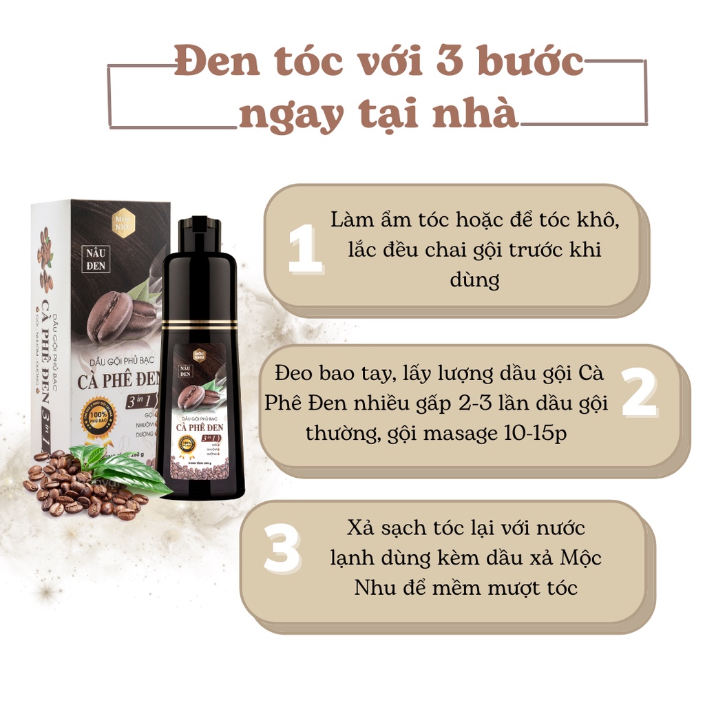 [ Nâu Đen ] Bộ 2 Dầu Gội Phủ Bạc Cà Phê Đen Mộc Nhu Phủ Đen Tóc Bạc Sau 5 Phút Gội Tại Nhà 280Gr, Tặng Mặt Nạ Dưỡng Da