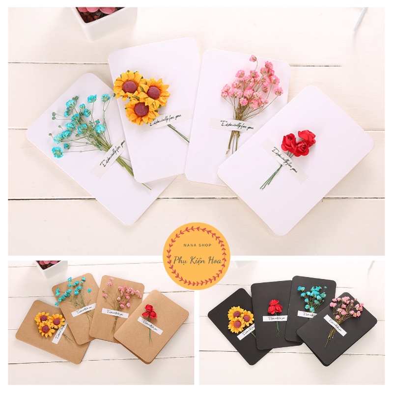 Thiệp giấy Karft gắn hoa khô phong cách Vintage thích hợp mọi dịp lễ trong năm