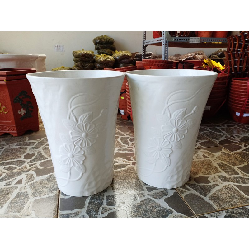 Chậu hoa đá in nổi 25x30cm màu trắng