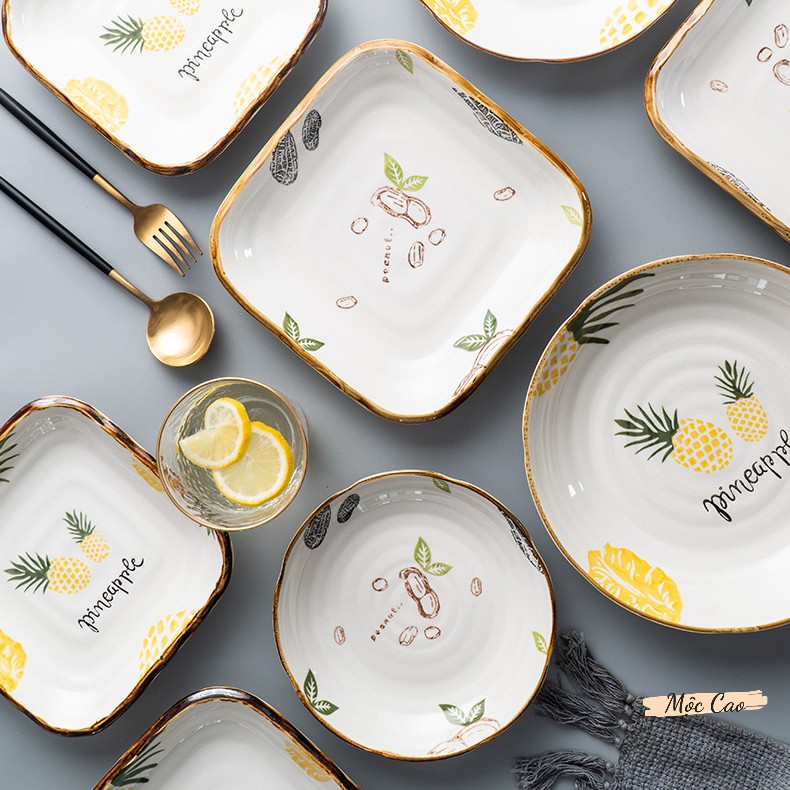 Đĩa sứ, đĩa trang trí họa tiết dứa viền nâu nhiều kích cỡ - đĩa decor phụ kiện bàn ăn sang trọng