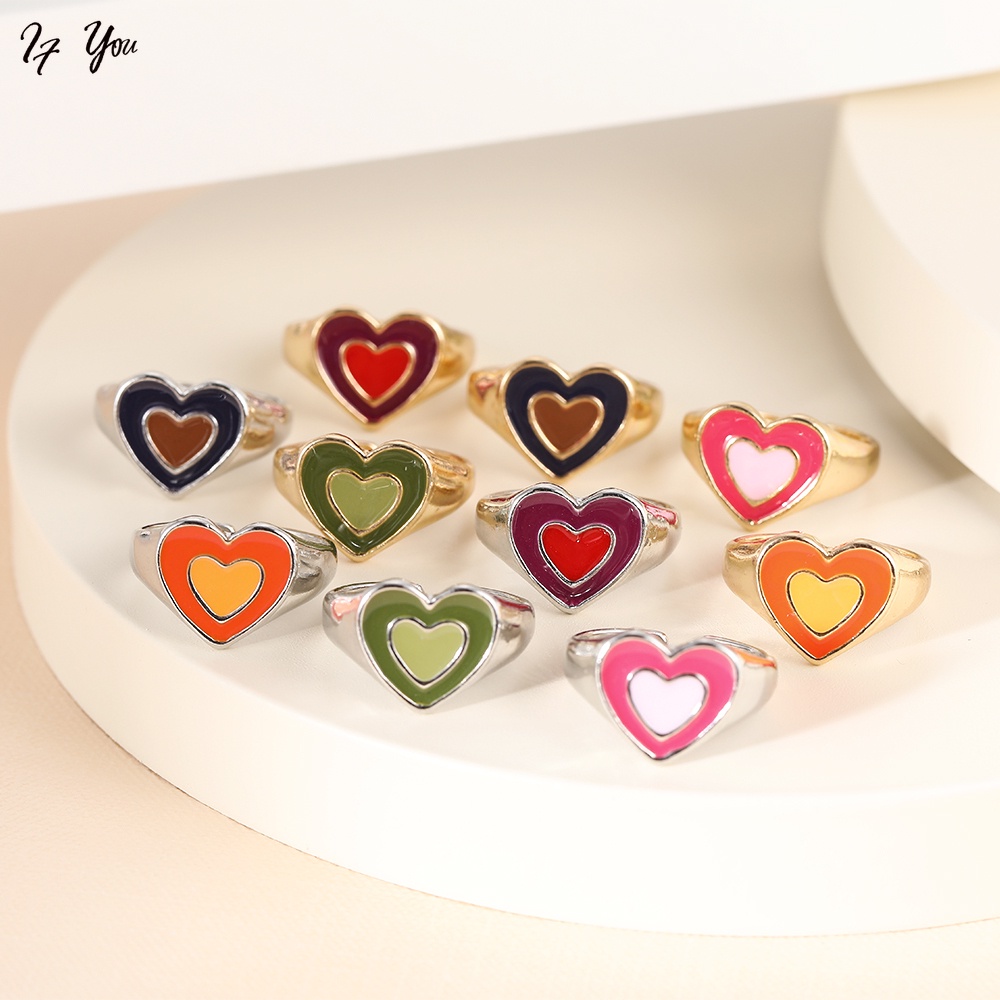Nhẫn đeo ngón tay màu vàng/bạc mặt hình trái tim sặc sỡ phụ kiện thời trang tiệc tùng quà tặng sinh nhật cho nữ