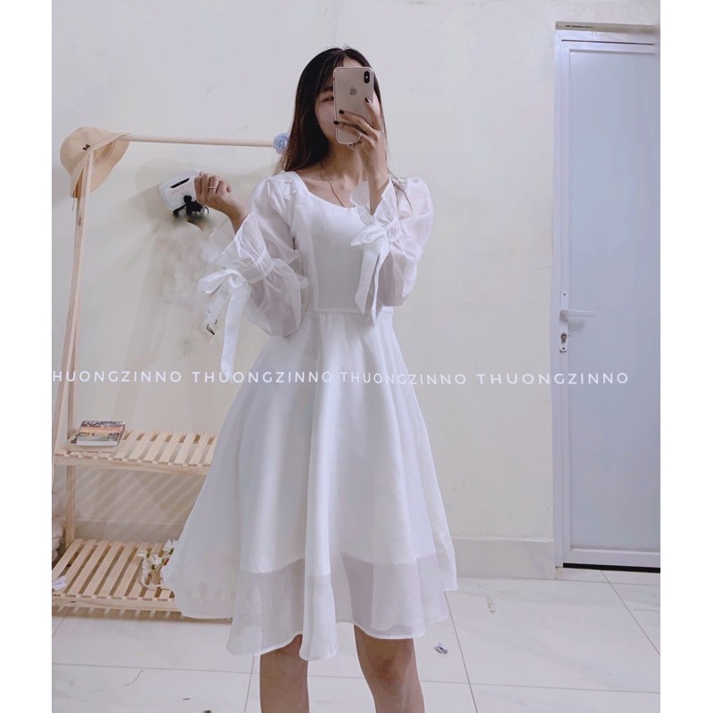 Váy trắng tay voan thiết kế đính hạt ngọc Đầm nữ tiểu thư thắt nơ tay