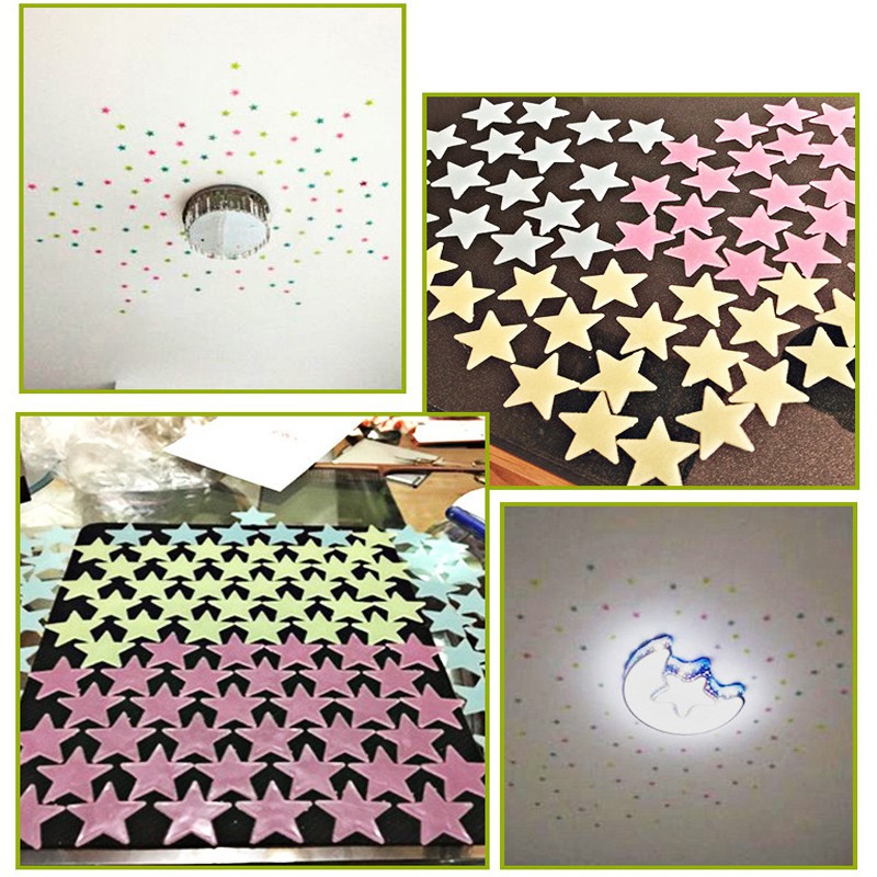 Set 100 hình dán dạ quang hình ngôi sao phát sáng vào ban đêm trang trí phòng cho trẻ