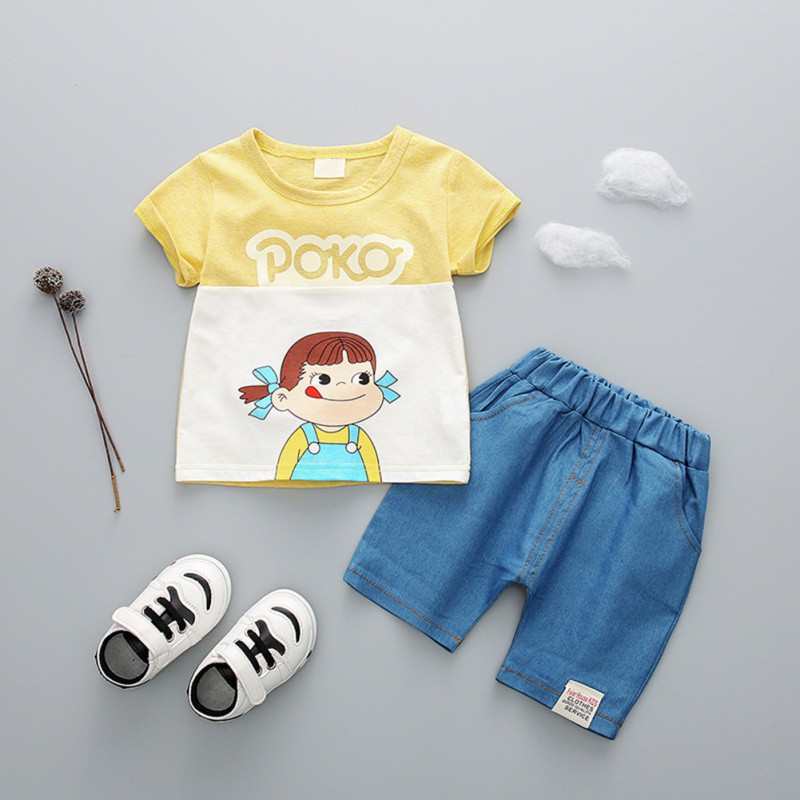 Bộ áo thun cộc tay in hình + quần short cho bé