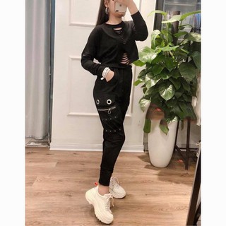 Set áo croptop và quần nắp túi