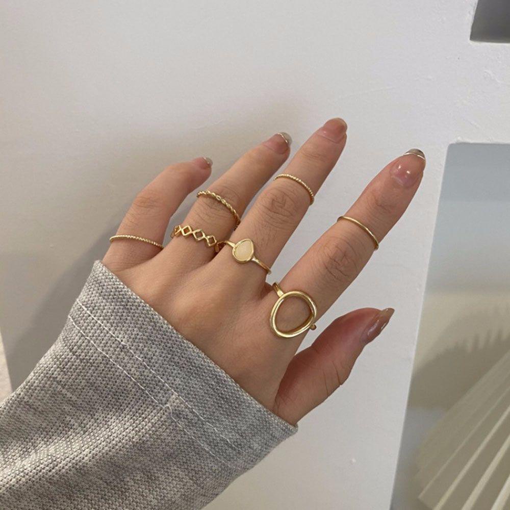 Bộ 7 Nhẫn Đeo Khớp Ngón Tay Kim Loại Đính Đá Opal Hình Học Nhiều Màu Thời Trang Cho Nữ