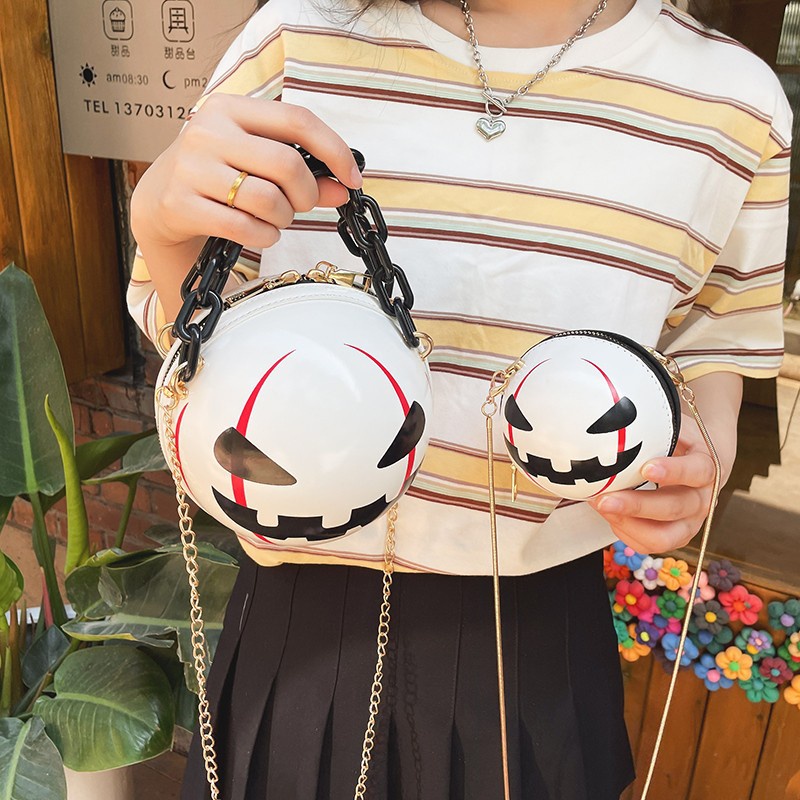 Túi Xách Đeo Vai Hình Tròn Cỡ Nhỏ In Hoạt Hình Bí Ngô Phối Dây Xích Dày Thời Trang Halloween 2022 Cho Nữ