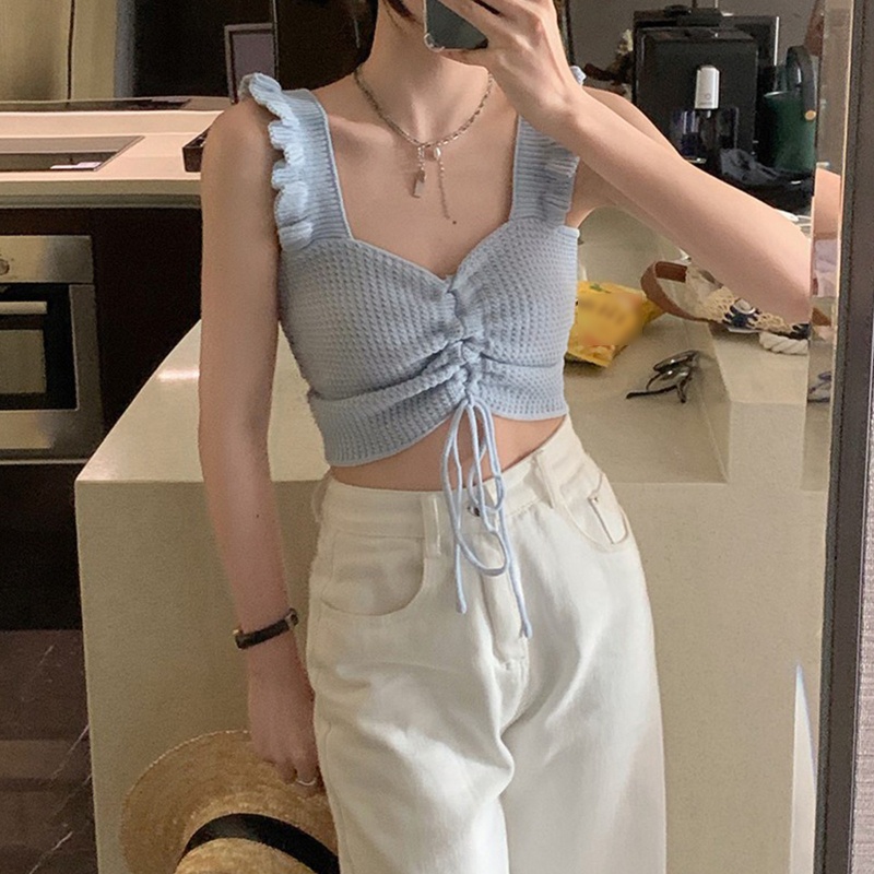 Áo Croptop Dệt Kim Sát Nách Cổ Chữ V Phối Bèo Thời Trang Quyến Rũ Cho Nữ