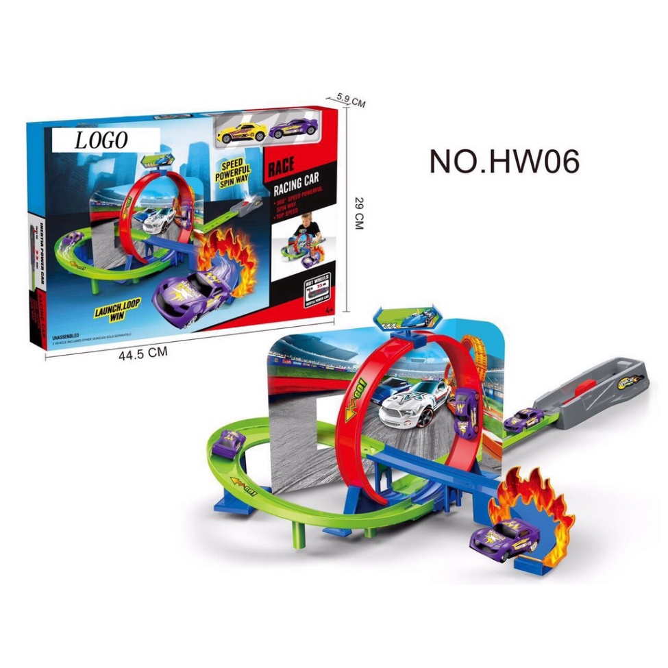 Đường đua Hot Wheels xoắn ốc gồm 1 xe và 2 vòng xoắn đồ chơi trẻ em