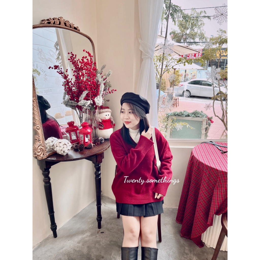 Áo Len Trơn Form Rộng Cổ V Tay Dài Hàn Quốc