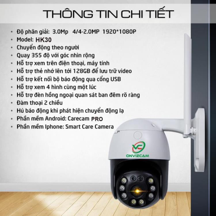 [TỔNG KHO PHÂN PHỐI]Camera không dây ONVIZCAM HK30 PTZ ngoài trời ban đêm có màu