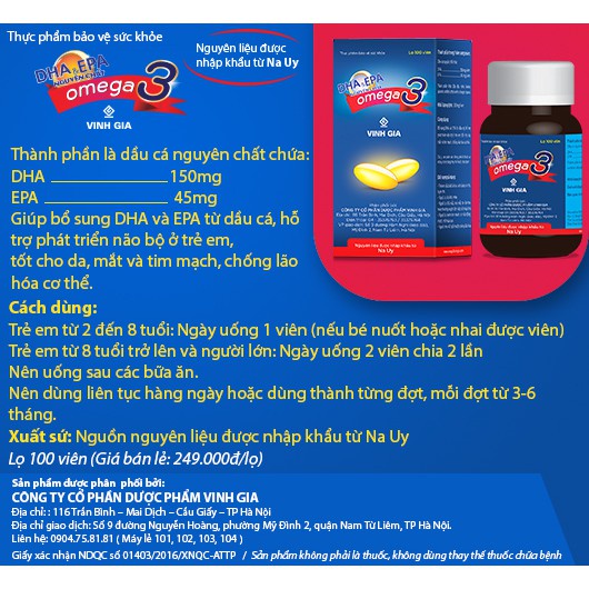 Viên uống Omega 3 Vinh Gia – Bổ sung DHA, EPA cho bà bầu và trẻ nhỏ (Lọ 100 viên)