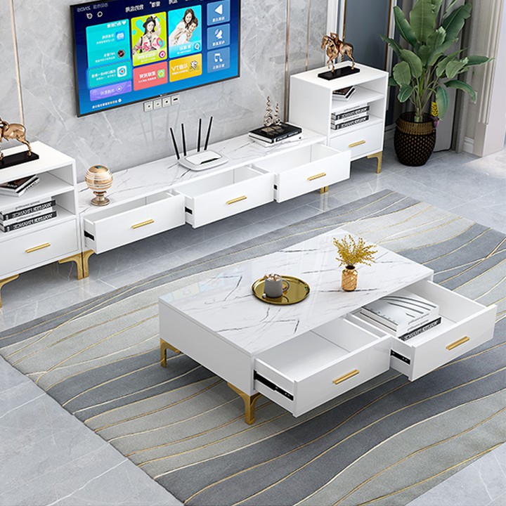 COMBO bộ bàn đá kệ tivi phòng khách - Kệ tivi phong các bắc âu - Bộ bàn trà để phòng khách