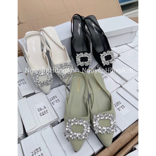 giày guốc quai hậu bít mũi hở gót đính đá chất gân gót cao 4p (FULL HỘP-hàng QC) siêu hot s199