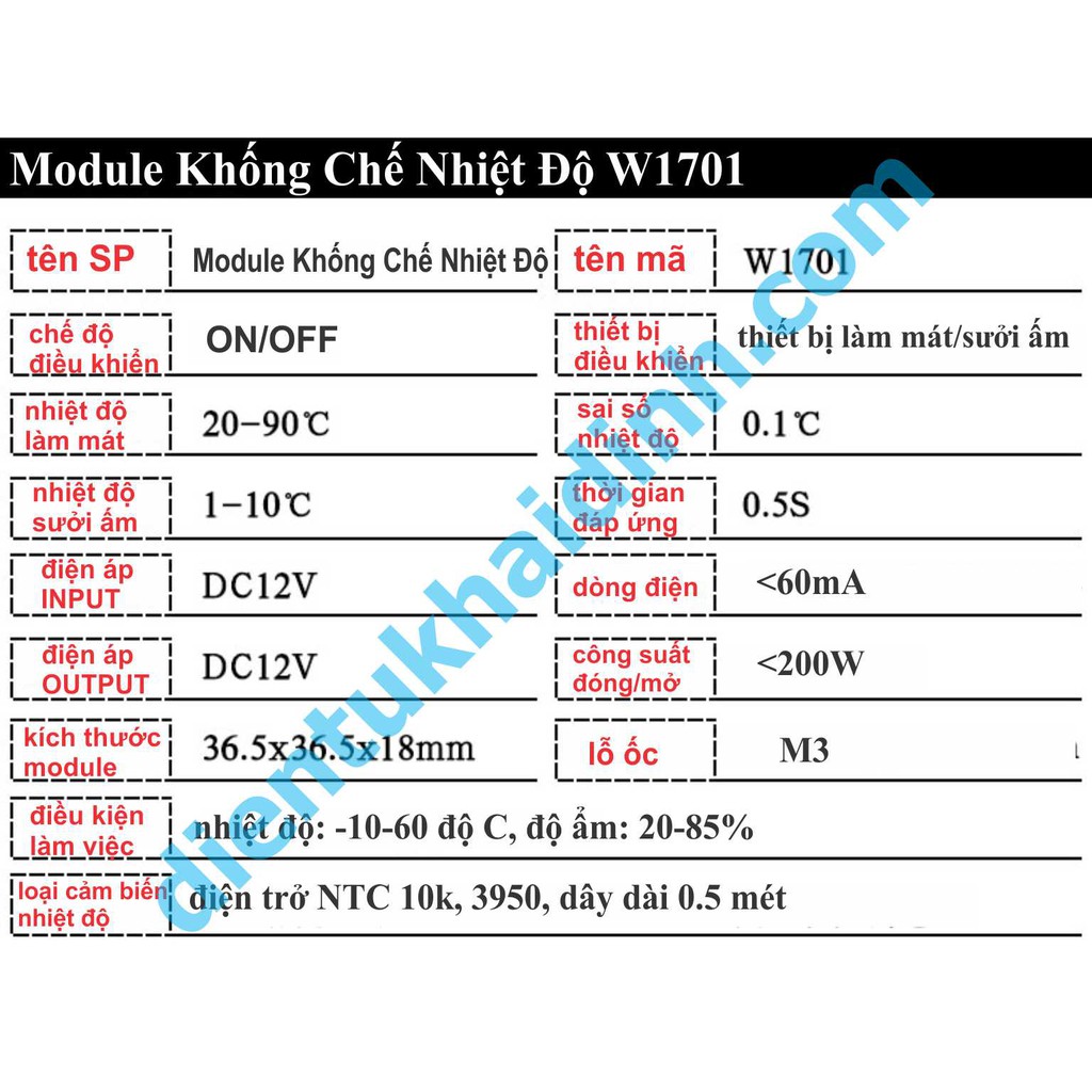 Module Khống Chế Nhiệt Độ, làm mát, sưởi ấm, áp 12Vdc W1701 kde2202